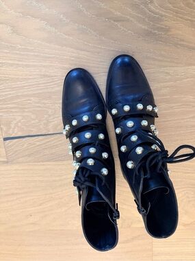 Zara Black Lace-Up Ankle Boots with Pearl Embellishments